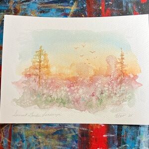 Original Sunset landscape painting watercolor art wall artwork Ooak Artettina US